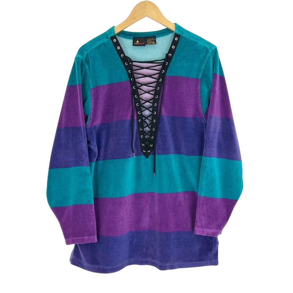 Vintage Lizsport Reworked Velour Stripe Lace Up LF Pullover Sweatshirt Large